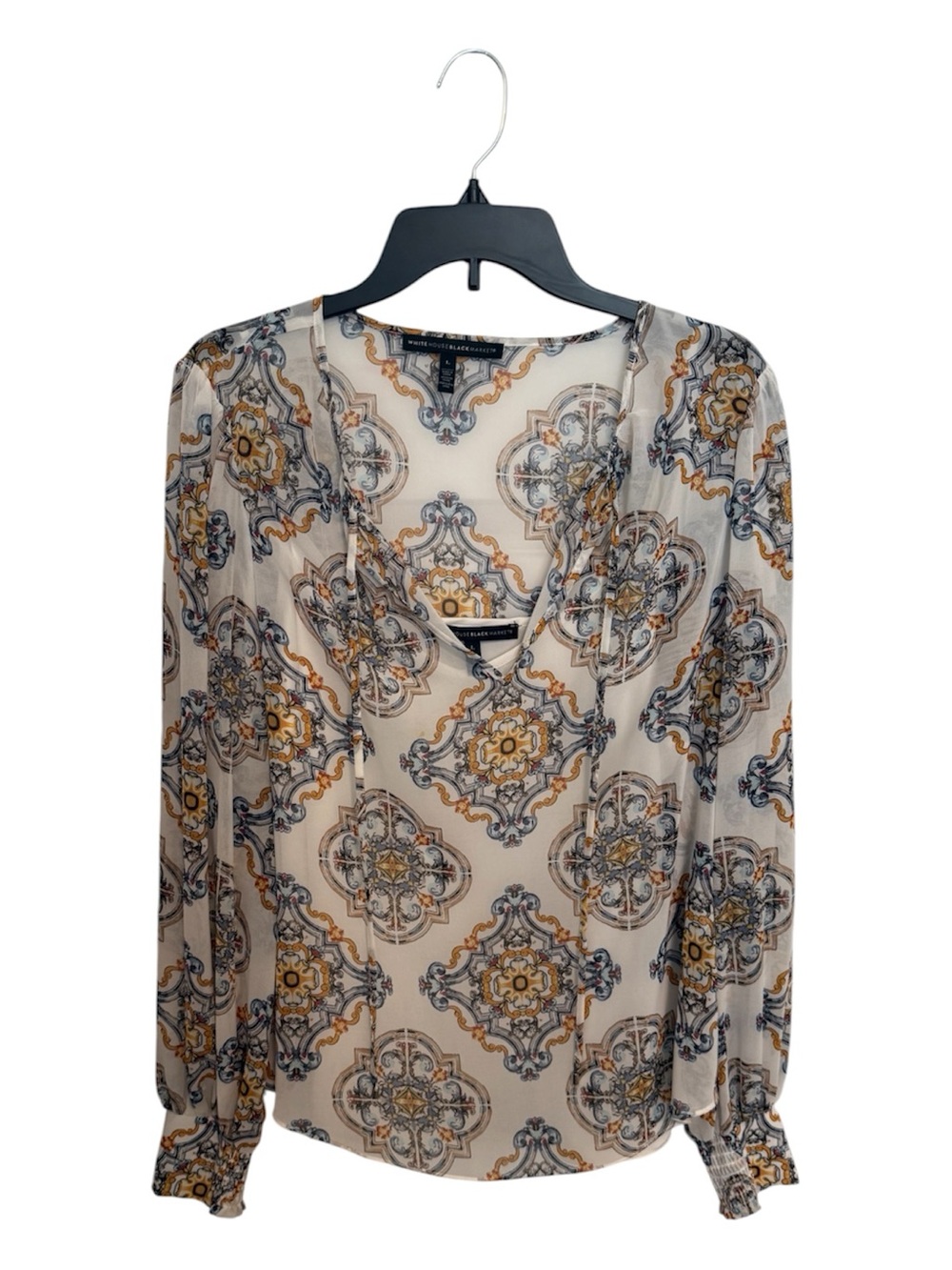 White House Black Market Cream Medallion-Print V-Neck Blouse